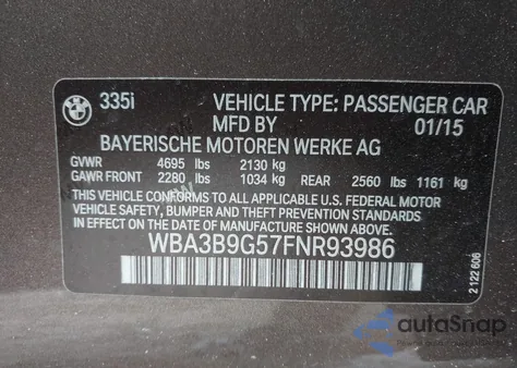 2015 BMW 335I xDrive z USA, uszkodzony, nr VIN WBA3B9G57FNR93986